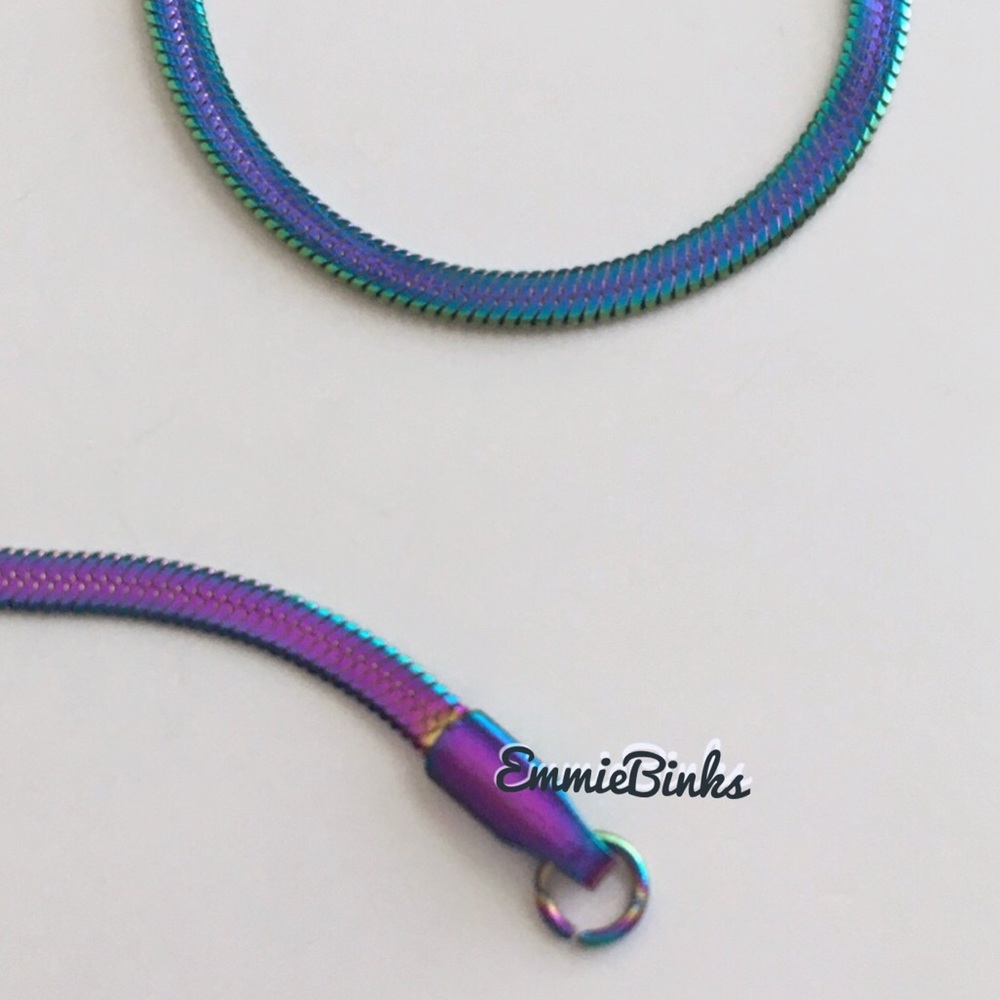New Minimalist Aura Iridescent Oil Slick Herringbone Chain Necklace Unisex - Picture 7 of 16